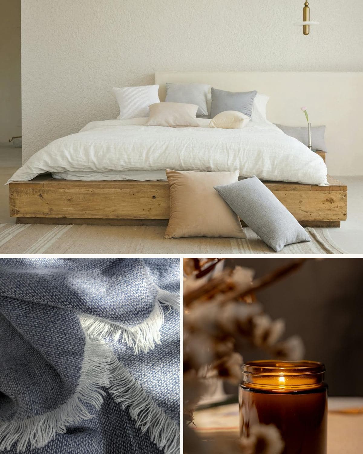Les trois pièces : parure en lin sur un lit, plaid en laine à franges, bougie en pot de verre