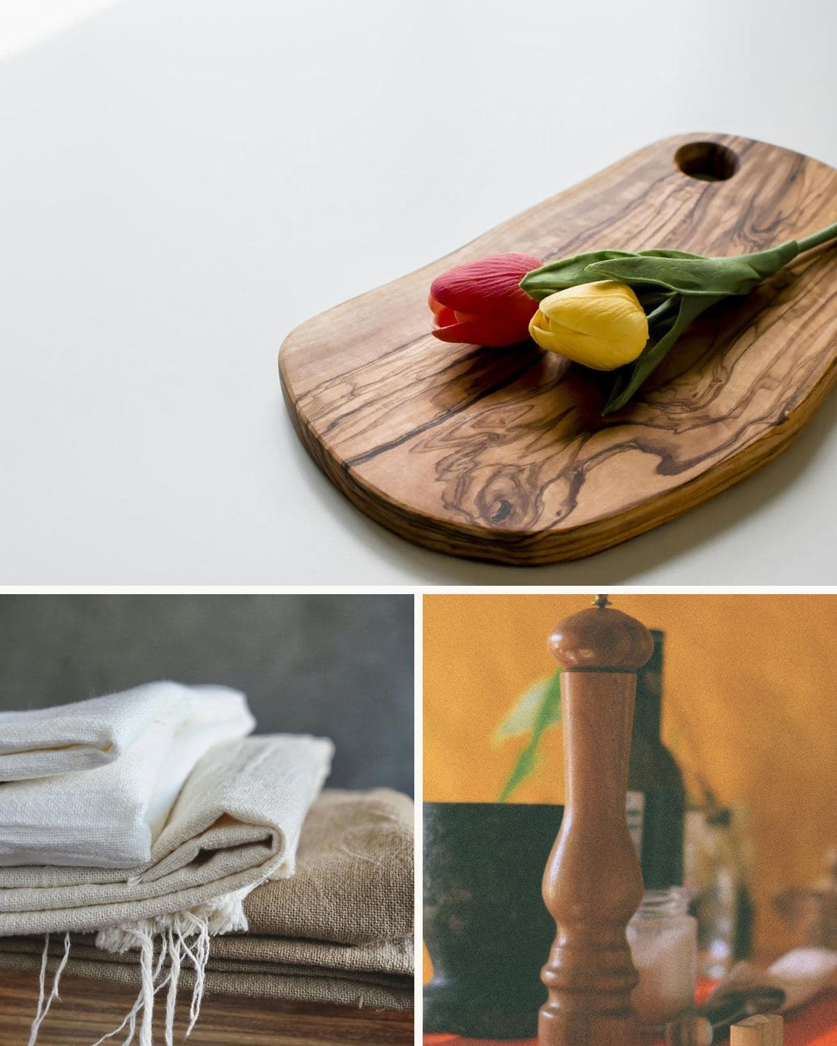 Les trois pièces : planche en olivier, torchons en lin pliés, moulin à poivre en bois