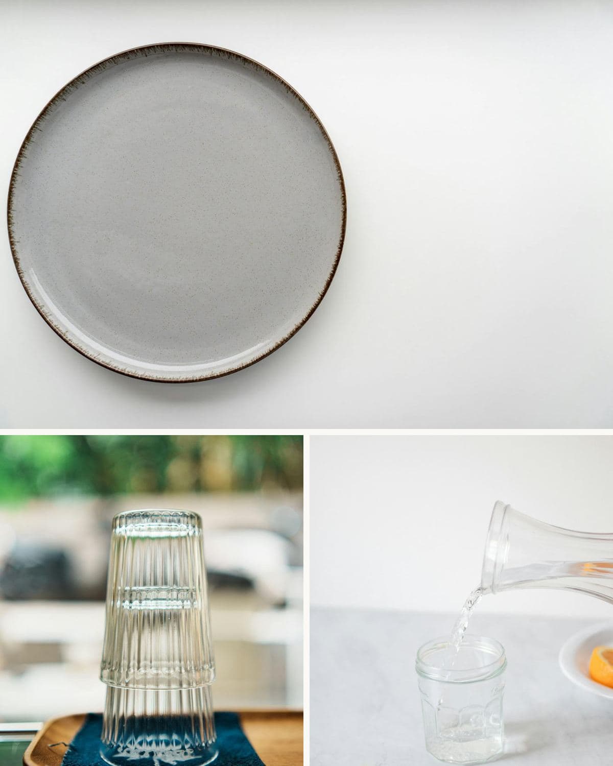 Les trois pièces : assiette en grès, verres striés empilés, carafe en verre