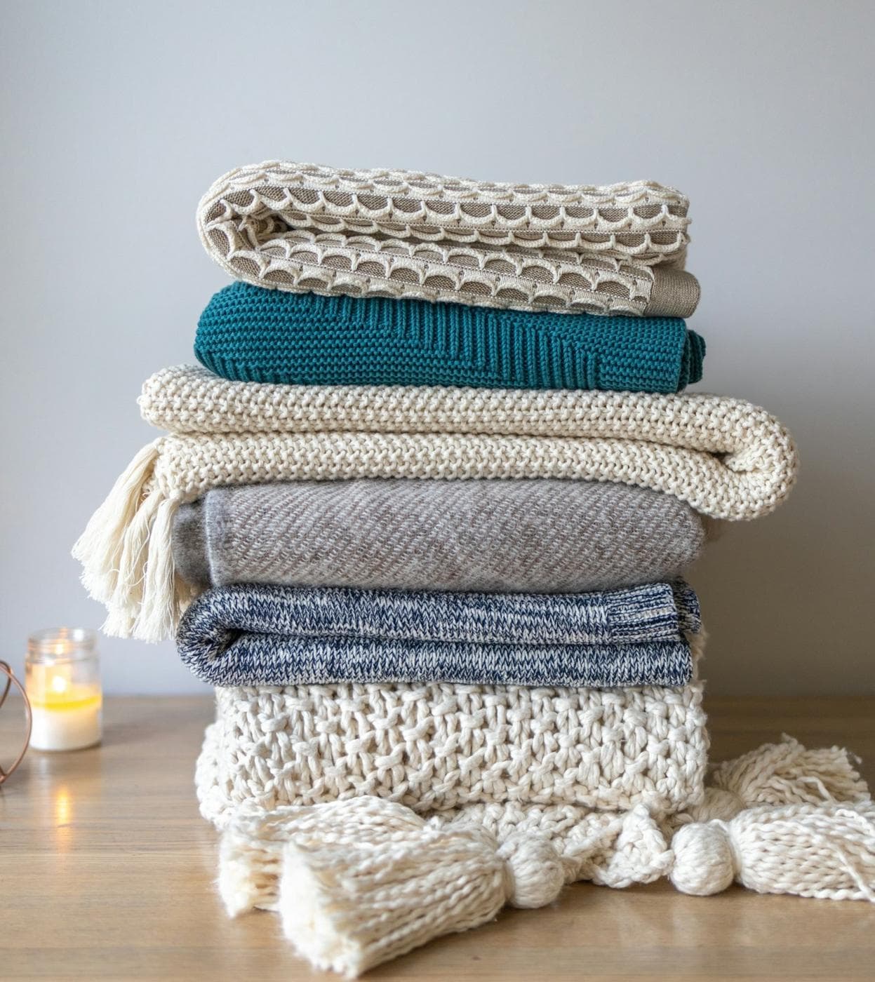 Pile de plaids et de couvertures pliés
